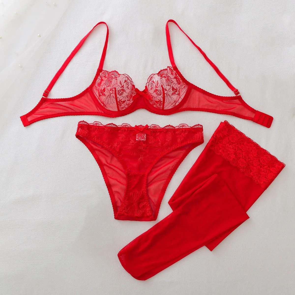 Sheer Bra Lace - Şeffaf File Erotik Set Kadın Kırmızı